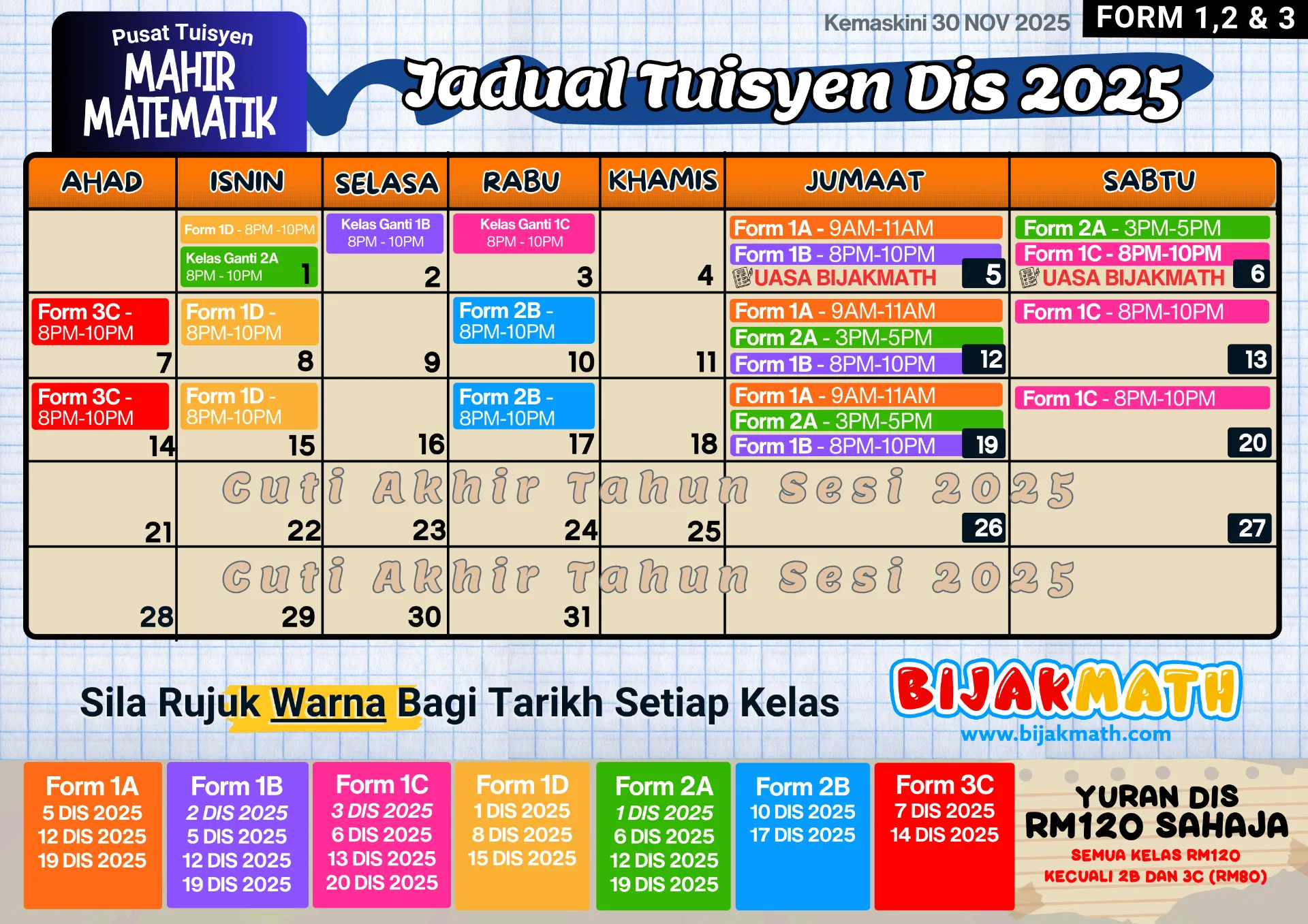 Jadual Form 1 2 3 Disember BijakMath
