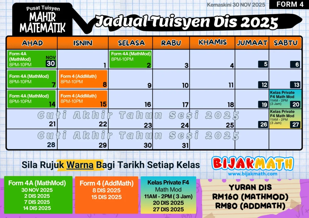 Jadual Form 4 Disember BijakMath