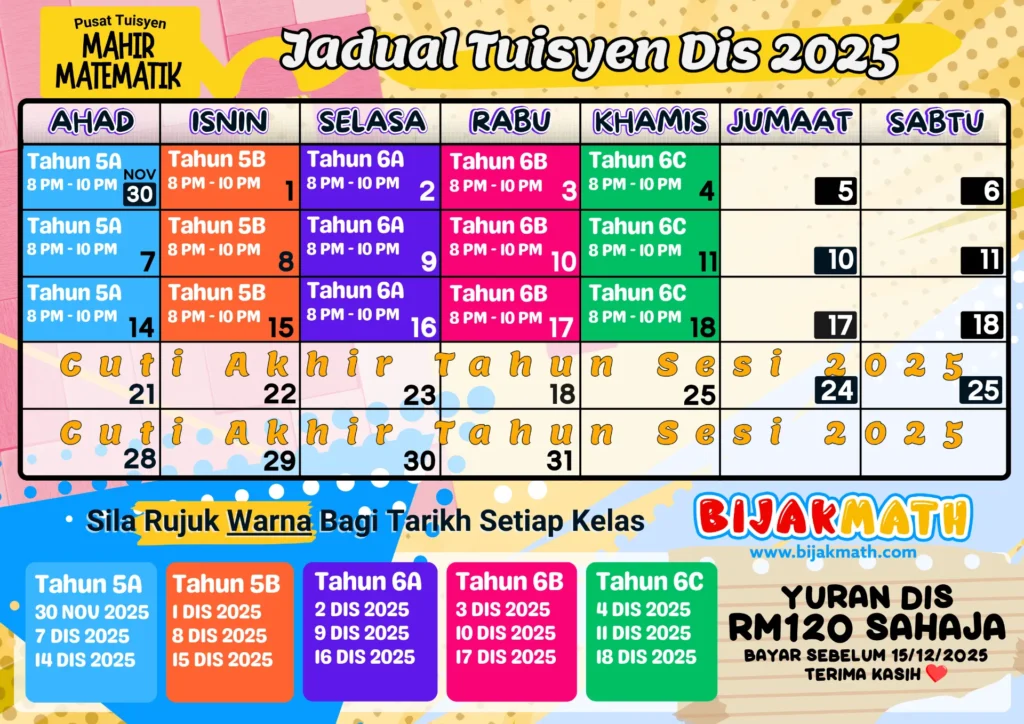 Jadual Pembelajaran Disember Bijak Math 2025 Sekolah Rendah