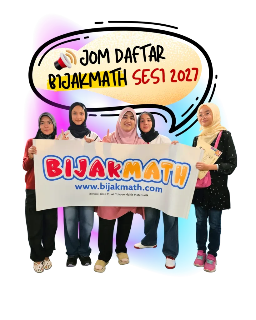 Cikgu Lina dan pasukan cikgu BijakMath memegang sepanduk BijakMath: Jom daftar BijakMath sesi 2027